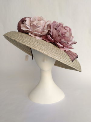 Sombrero paja natural gris flores rosas CELIA